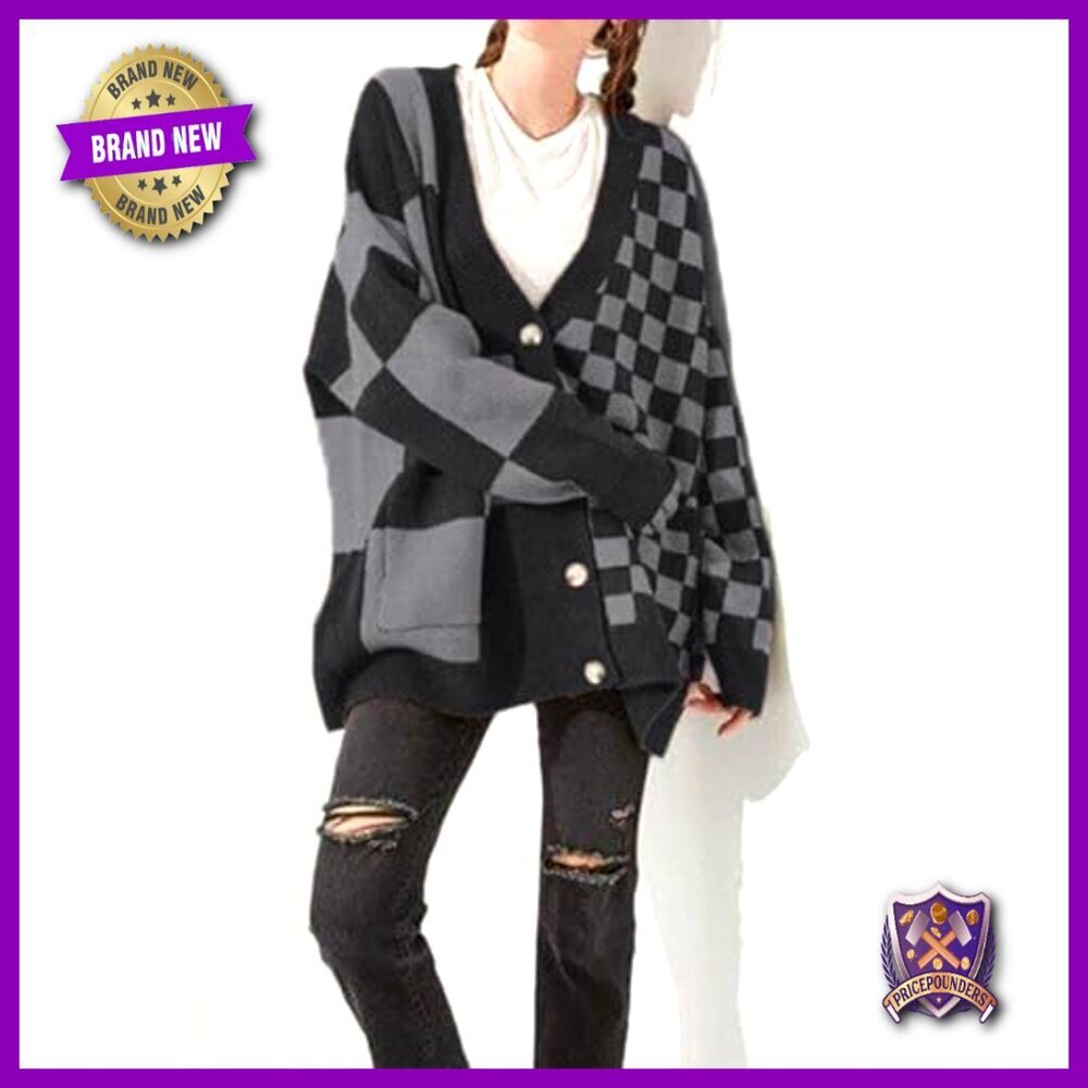 Oversized Slouchy Checkered Cardigan Open Front Knit Sweater Coat Y2K Chic - Picture 2 of 4